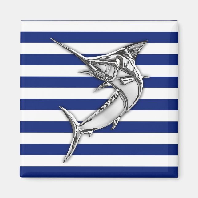 Marlin Swordfish Chrome Style on Nautical Stripes Magnet (Front)
