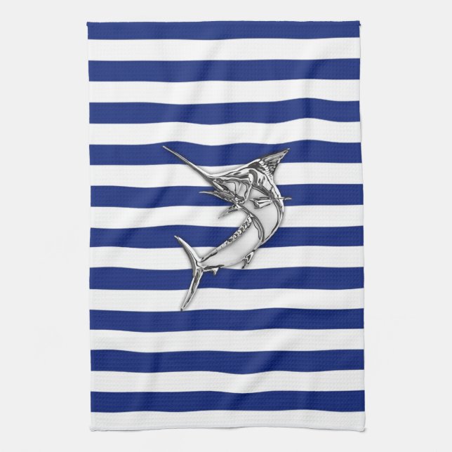 Marlin Swordfish Chrome Style on Nautical Stripes Tea Towel (Vertical)