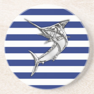Marlin Swordfish on Nautical Blue Stripes Coaster