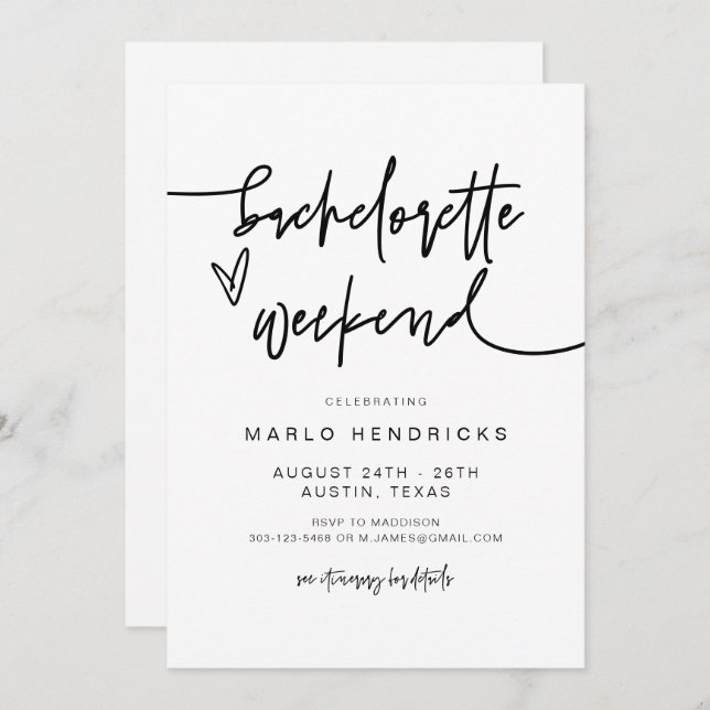 MARLO Bold Contemporary Bachelorette Itinerary Invitation (Front/Back)