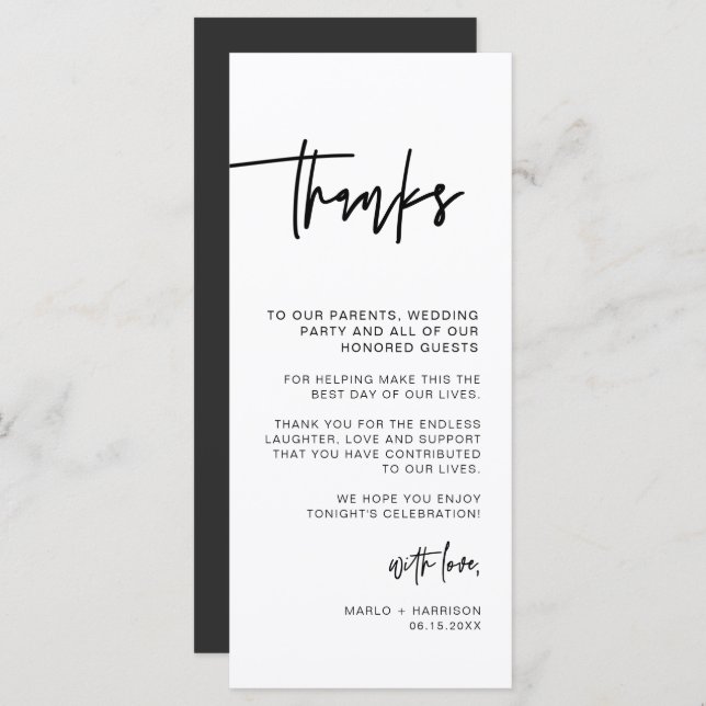 MARLO Contemporary Bold Wedding Table Thank You Menu (Front/Back)