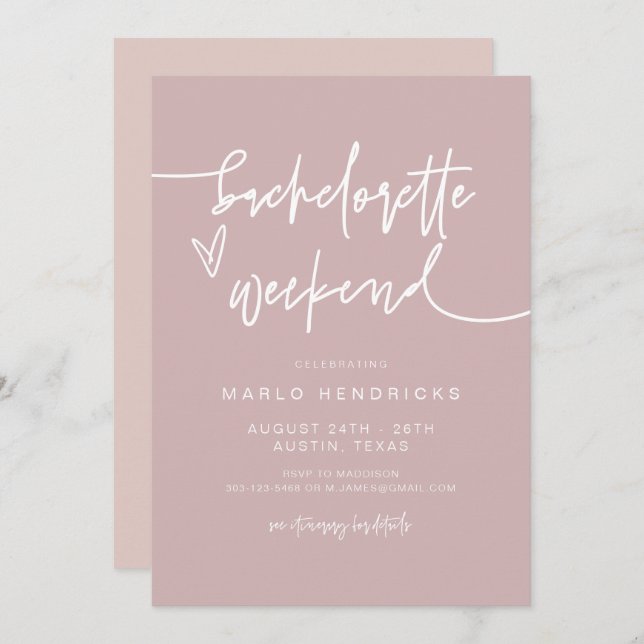 MARLO Dusty Rose Bachelorette Weekend Itinerary  Invitation (Front/Back)