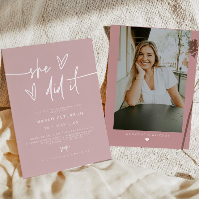 MARLO Minimalist Blush Photo She Did It Graduation Invitation (Creator Uploaded)