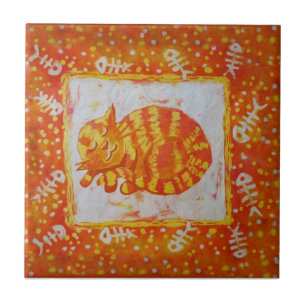 Marmalade cat and fishbones ceramic tile