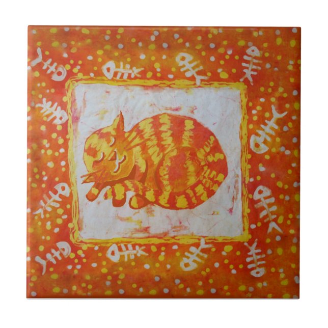 Marmalade cat and fishbones ceramic tile (Front)
