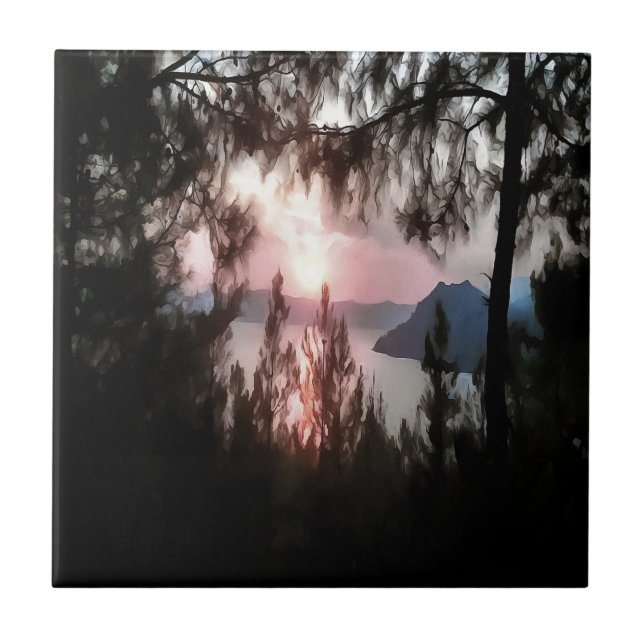 Marmaris Sunset Framed By Palm Trees Landscape Art Ceramic Tile (Front)