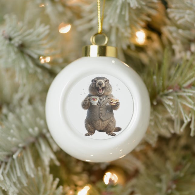 Marmot Drinking Tea Ceramic Ball Christmas Ornament (Tree)