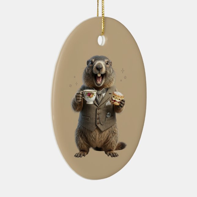 Marmot Drinking Tea Ceramic Ornament (Right)
