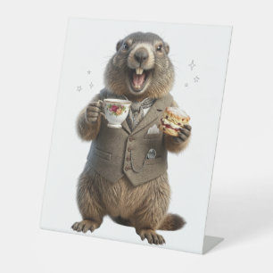 Marmot Drinking Tea Pedestal Sign