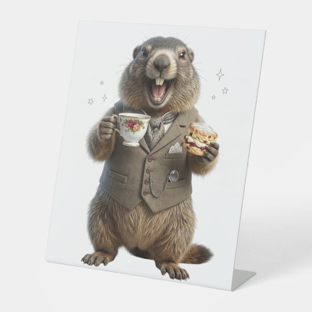 Marmot Drinking Tea Pedestal Sign (Front)