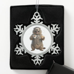 Marmot Drinking Tea Snowflake Pewter Christmas Ornament