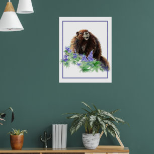 Marmot Groundhog Animal Watercolor Wildlife Art Poster