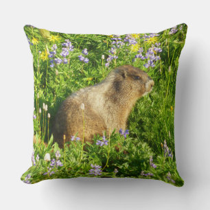 Marmot in Mount Rainier Wildflowers Cushion