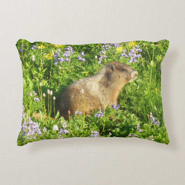 Marmot in Mount Rainier Wildflowers Decorative Cushion (Front)