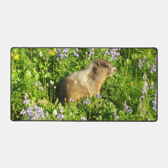 Marmot in Mount Rainier Wildflowers Desk Mat (Front)