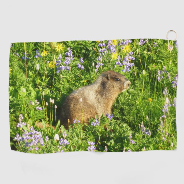 Marmot in Mount Rainier Wildflowers Golf Towel (Horizontal)