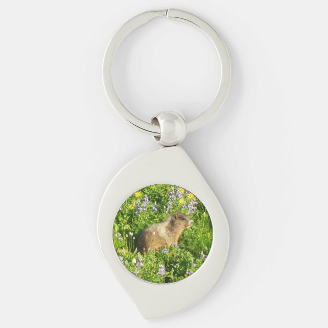 Marmot in Mount Rainier Wildflowers Key Ring (Front)