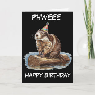 marmot wearing birthday hat sitting on log card
