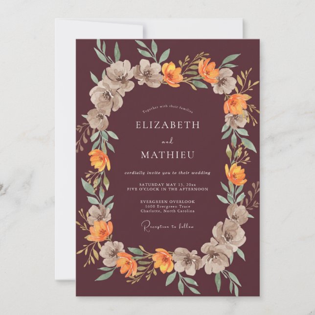 Maroon Amber Foliage Eucalyptus Wedding Invitation (Front)