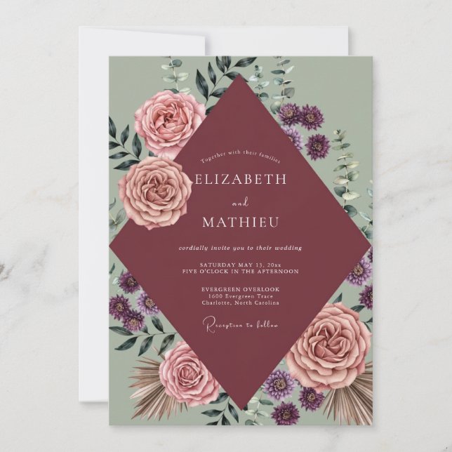 Maroon Amethyst Leaf Wedding Invitation (Front)