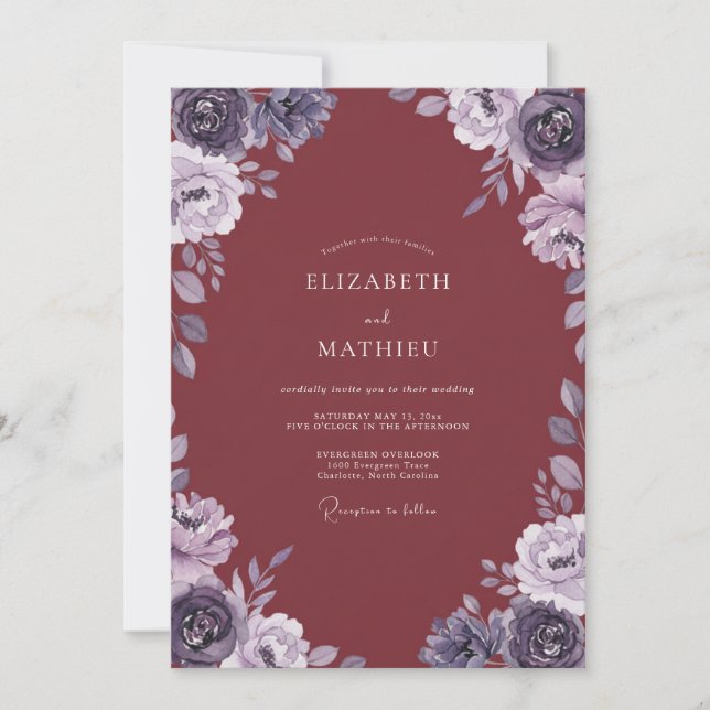 Maroon Amethyst Watercolor Wedding Invitation (Front)