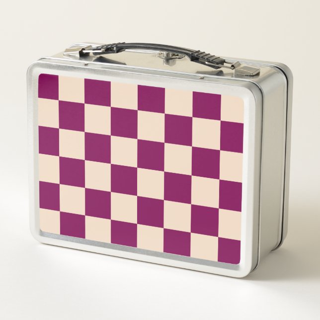 Maroon and beige checkerboard pattern metal lunch box (Back)