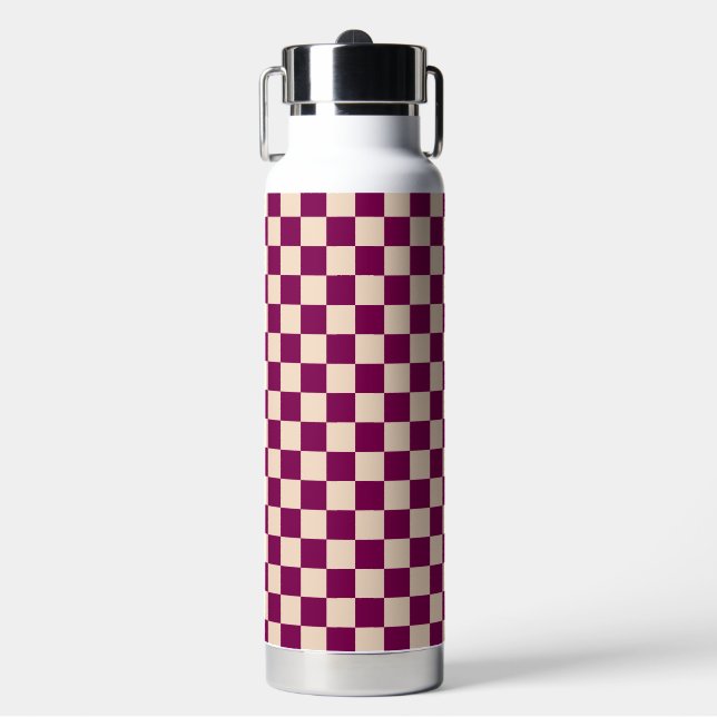 Maroon and beige checkerboard pattern water bottle (Front)