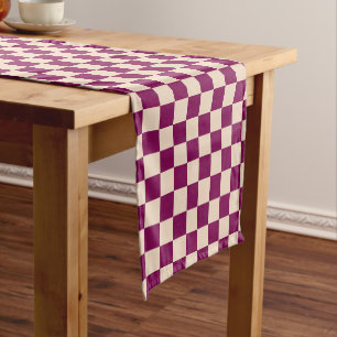 Maroon and beige chequerboard pattern short table runner