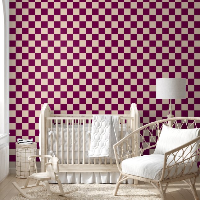 Maroon and beige chequerboard pattern wallpaper (Kids)