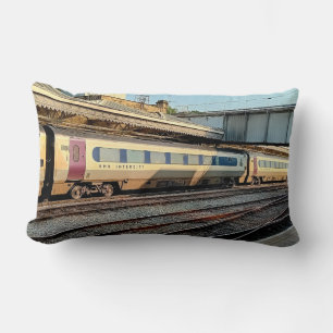 Maroon and beige train lumbar cushion