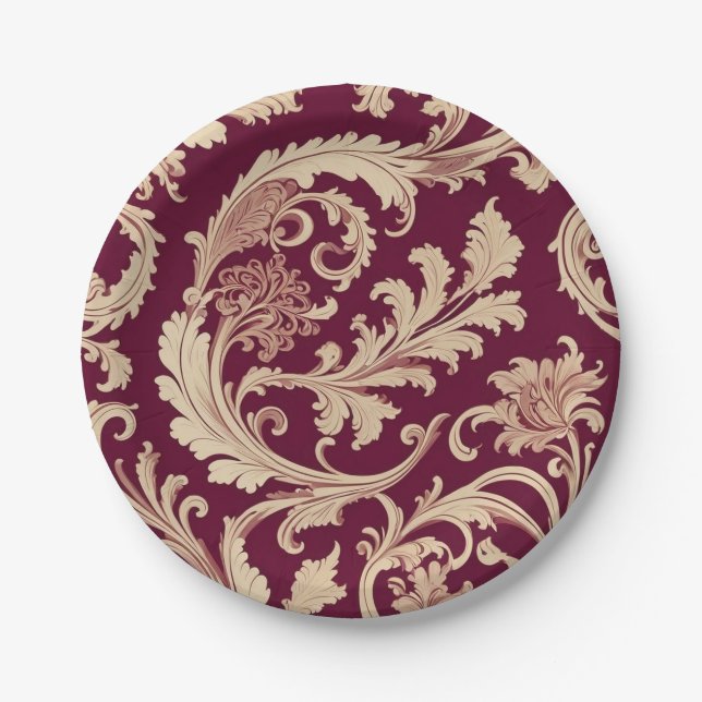 Maroon and Beige Vintage Pattern  Paper Plate (Front)