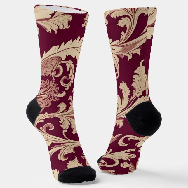 Maroon and Beige Vintage Pattern  Socks (Angled)