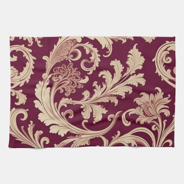 Maroon and Beige Vintage Pattern  Tea Towel (Horizontal)