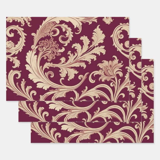 Maroon and Beige Vintage Pattern  Wrapping Paper Sheet (Set)