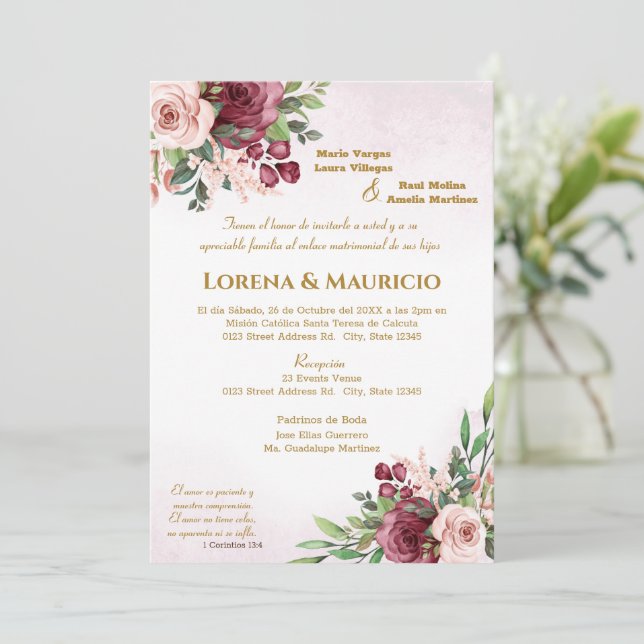 Maroon and blush pink Wedding Invitation (Standing Front)