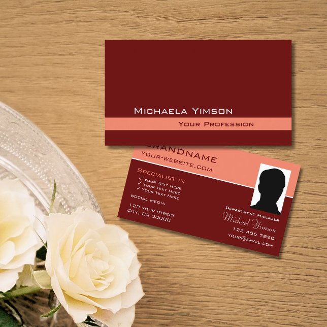 Maroon and Coral Modern with Photo Professional Business Card (Creator Uploaded)