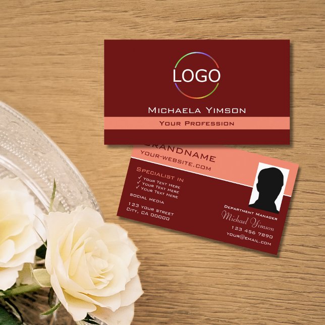 Maroon and Coral with Logo & Photo Professional Business Card (Creator Uploaded)