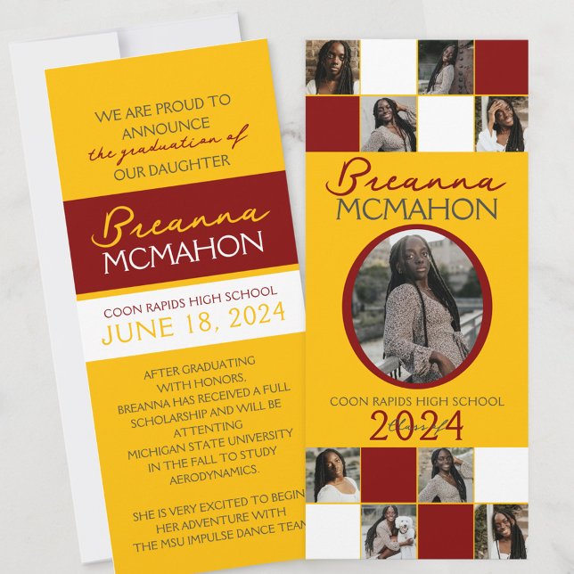Maroon and Gold 9 Photo Graduation Announcement (Elegant 9 Photo Graduation Double Sided Announcements in Gold Yellow Maroon and White)