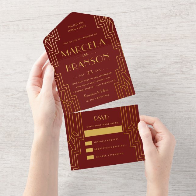Maroon and Gold Art Deco Wedding All In One Invitation (Tearaway)