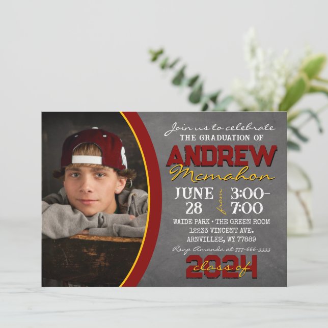 Maroon and Gold Chalkboard Graduation Invitation (Standing Front)