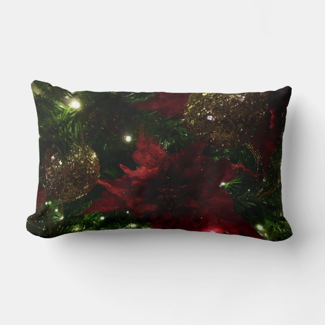 Maroon and Gold Christmas Tree I Holiday Photo Lumbar Cushion (Front)