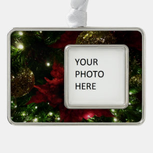 Maroon and Gold Christmas Tree I Holiday Photo Silver Plated Framed Ornament