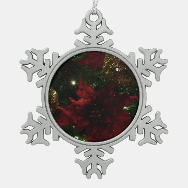 Maroon and Gold Christmas Tree I Holiday Photo Snowflake Pewter Christmas Ornament (Front)
