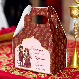 Maroon and gold cute Indian bridal couple cartoon Favour Box