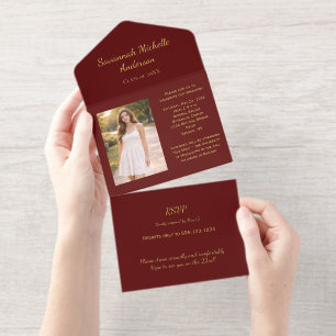 Maroon and Gold Foil Photo Graduation   All In One Invitation