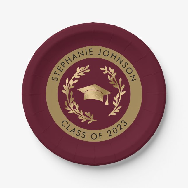 Maroon and Gold Grad Cap Class of 2023 Party Paper Plate (Front)
