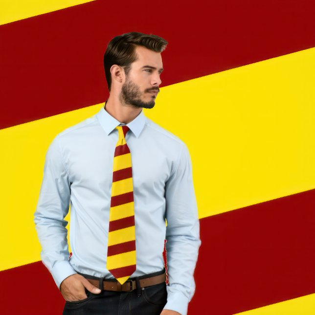 Maroon and Gold Striped Tie (Thick Stripes) (Man wears a necktie with a maroon and golden-yellow stripe pattern.)