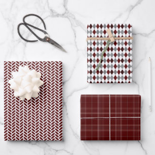Maroon and Gray Mixed Patterns Wrapping Paper Sheet