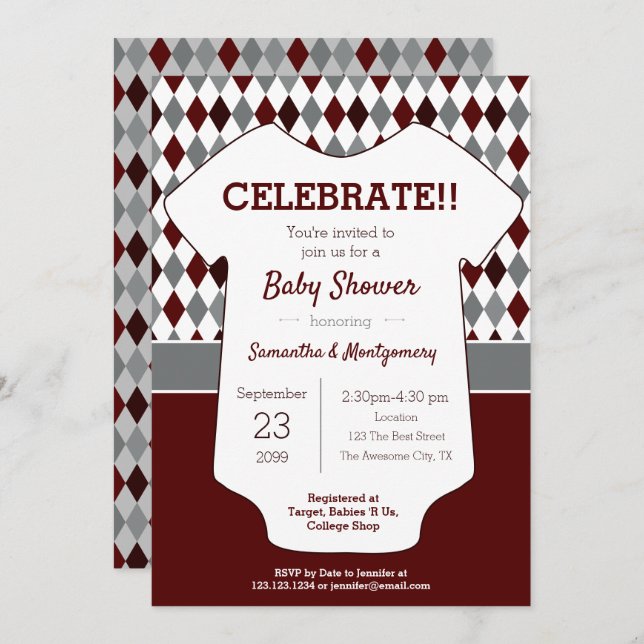 Maroon and Grey Argyle Patterned Baby Shower Invitation (Front/Back)