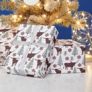 Maroon and Grey Buffalo Plaid Longhorn Pattern Wrapping Paper